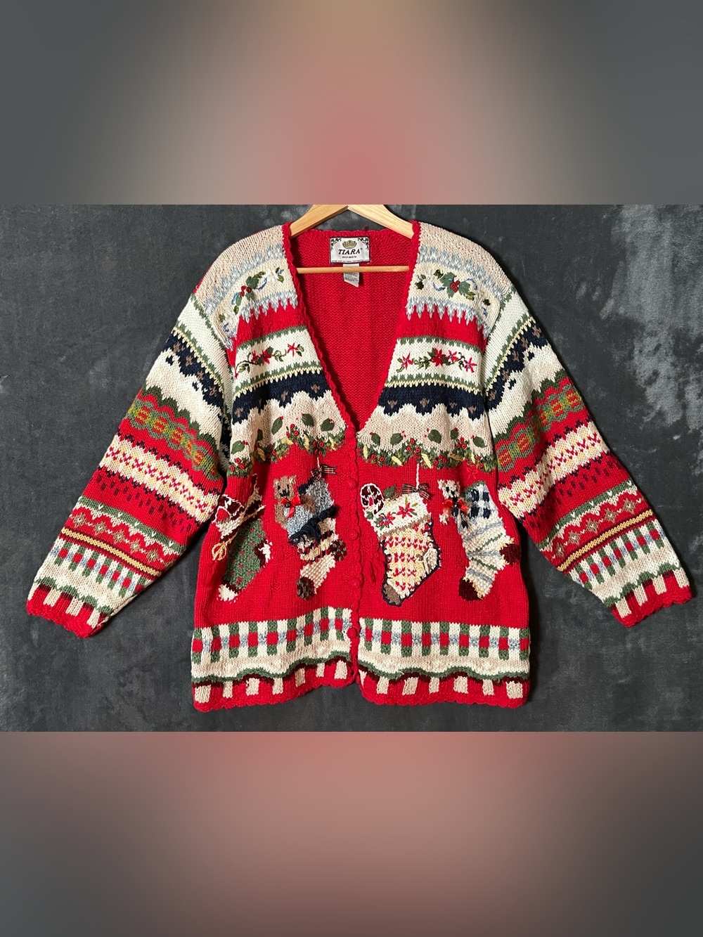 Tiara Red Fair Isle Holiday Cardigan with Stocking Appliques 18/20